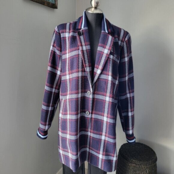 Long Tweed Blue Plaid Blazer Jacket YEST Outerwear Sz 14 Womens NEW - Picture 2 of 14